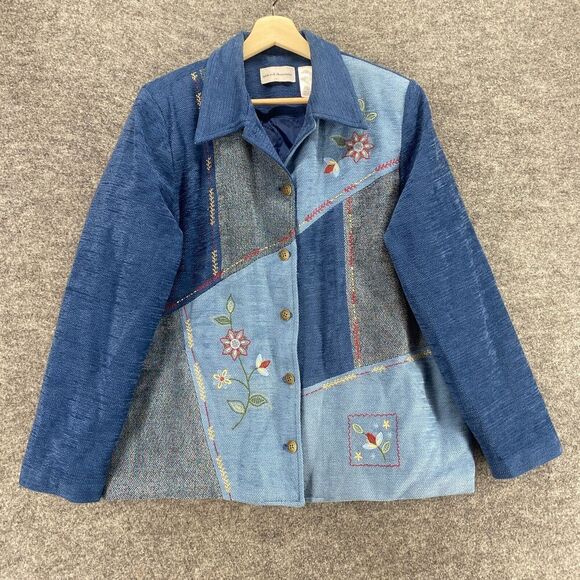 Alfred Dunner Jacket Women 16 Plus Blue Geometric Button Up Collared Long Sleeve - Picture 1 of 7